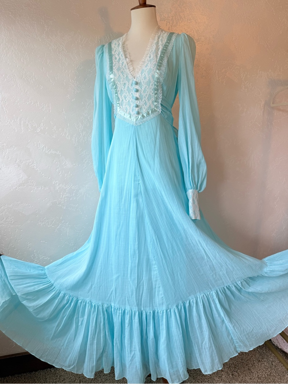 Vintage 1970s Robin’s Egg Blue Prairie Maxi Dress Small